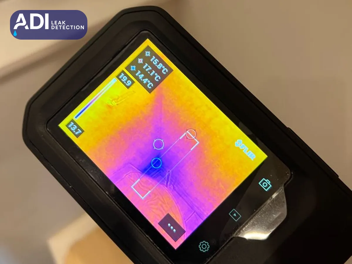 Screen of a FLIR thermal camera, with a cold, damp area at the foot of a wall